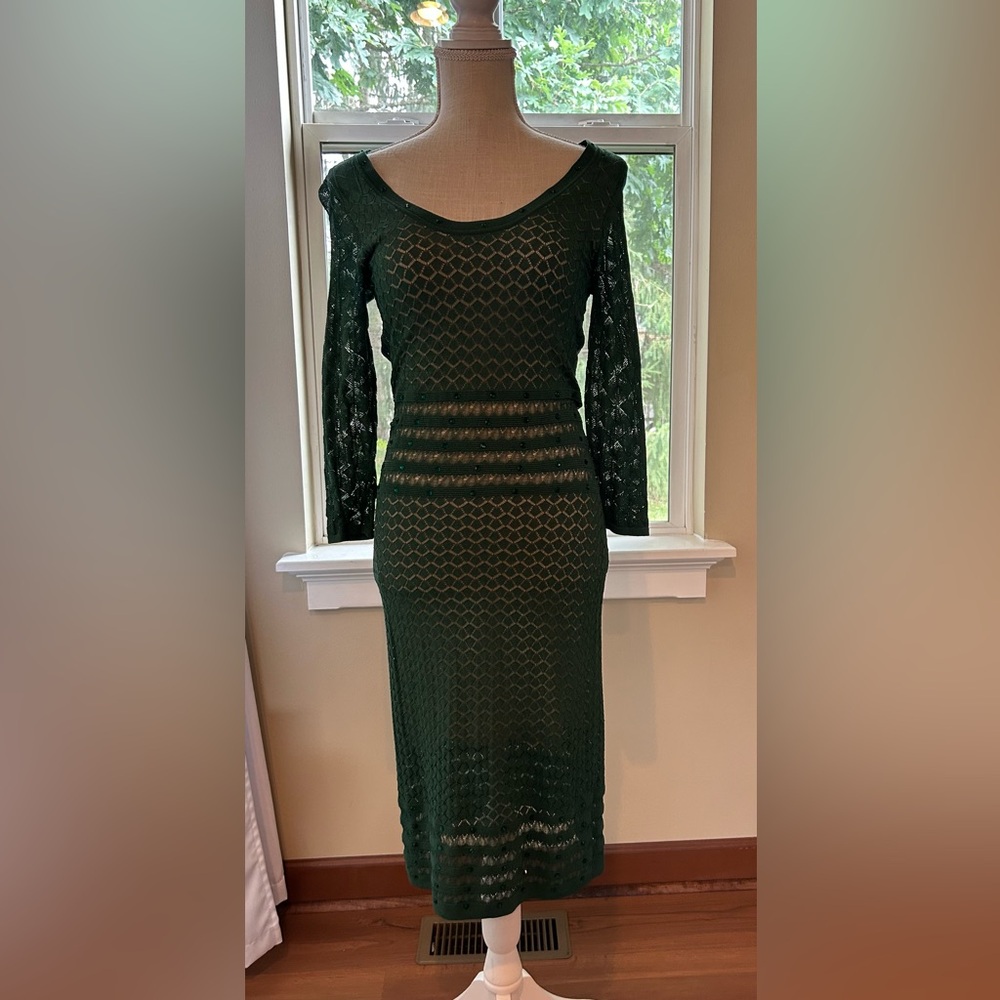 VENUS Green Ribbed Sheath Dress Long Sleeve Cocktail